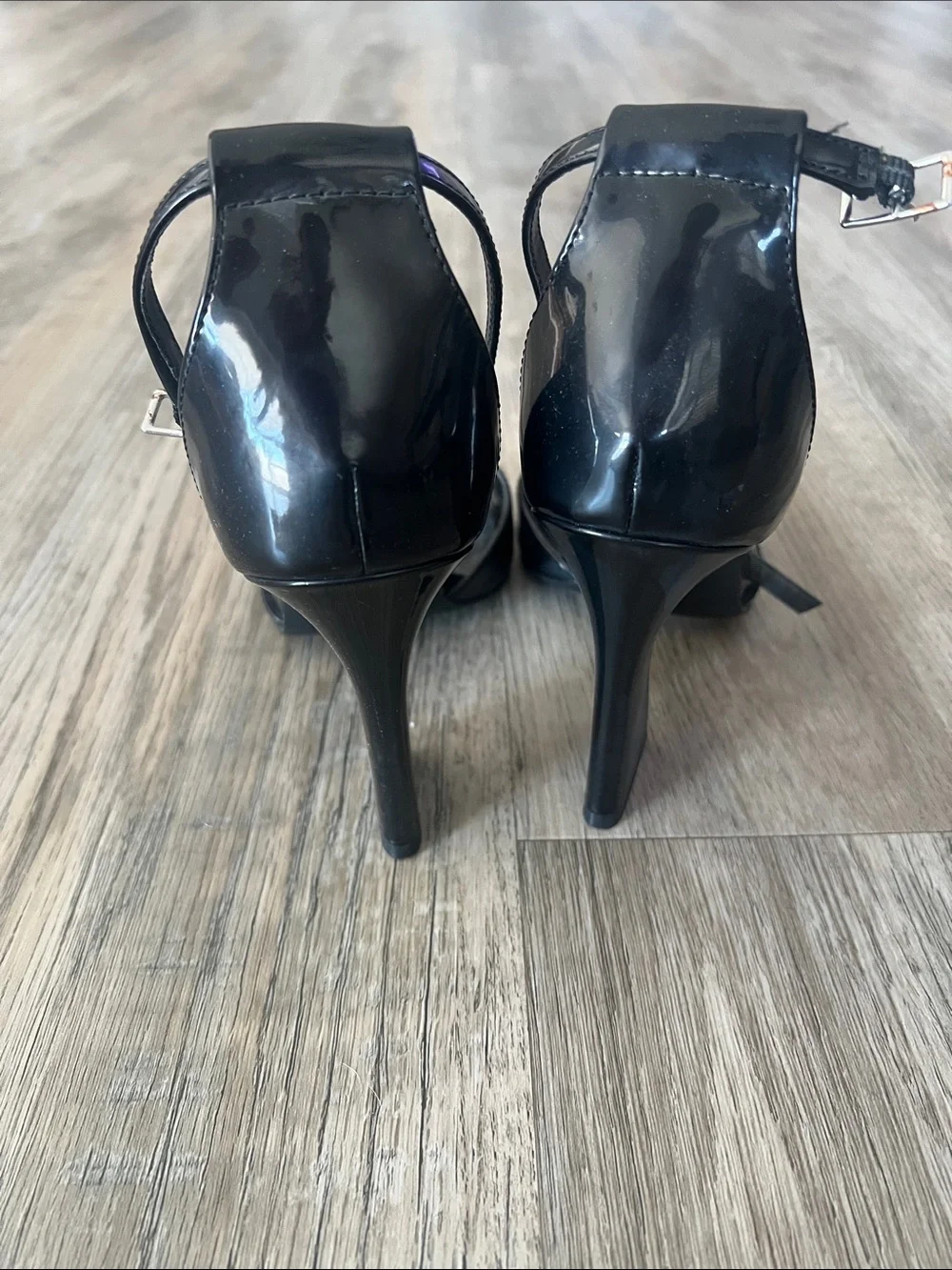 bp Black Patent Square-Toe Ankle-Strap Block Heels